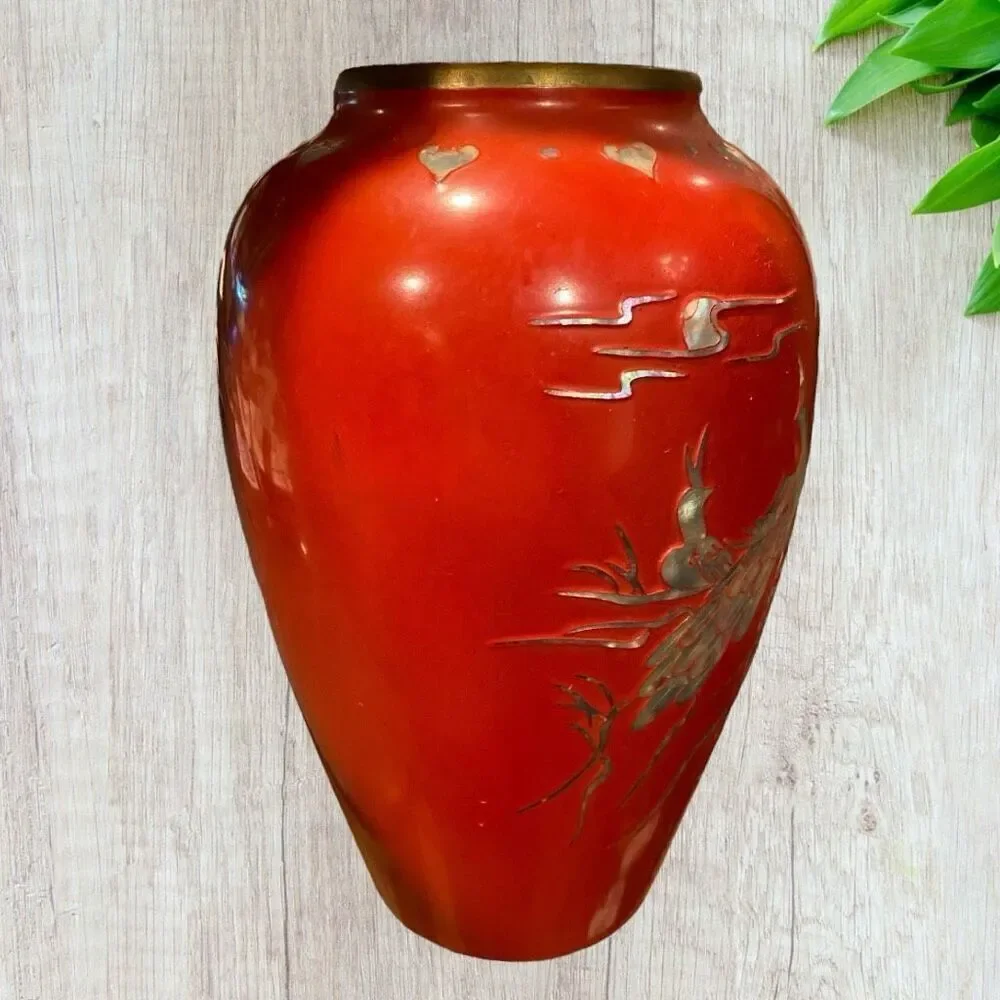 Vintage Brass Enamel Vase Mother Of Pearl Inlay Hearts Peacock